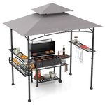 HAPPYGRILL 8 x 5 FT BBQ Grill Gazebo with 2 Side Shelves, Storage Basket, Hanging Hooks, Bottle Opener, Double-Tiered Top, Metal Frame, Outdoor Barbecue Canopy, Grilling Shelter for Patio Garden Yard