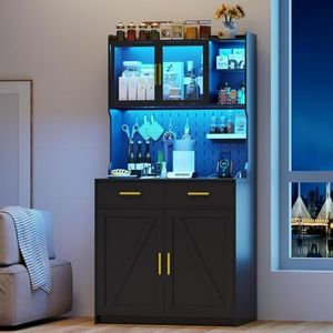 MDGC LED Kitchen Pantry Cabinet with Outlets, Farmhouse Storage Cabinet with Drawers & Adjustable Shelves, 64" Tall Cupboard with Pegboard & Hooks for Dining Room (Black)