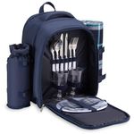 VonShef Picnic Backpack, 2 Person Navy Picnic Bag with Full Dining & Cutlery Set, Insulated Cooler Compartment & Large Waterproof Picnic Blanket, Lightweight Water Resistant Camping Accessories