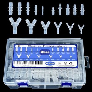 58 Pcs Hose Barb Fittings Assortment,16 sizes of equal and unequal barbed hose fittings, pipe connectors, joint splicers, and menders for liquid, water, gas, and air