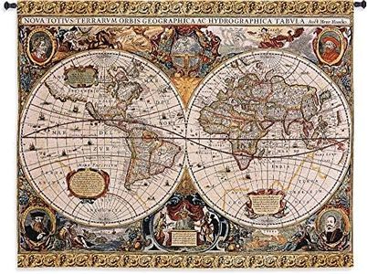 Antique Old World Map Geographica by Jan Janssonius | Woven Tapestry Wall Art Hanging | Beautiful Rustic Globe with Luxurious Mythology Designs | 100% Cotton USA Size 67x53