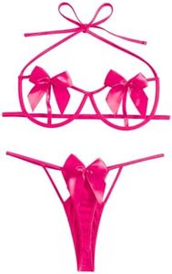 Lilosy Sexy Underwire Floral Lace Sheer Lingerie Set for Women See Through Bra and Panty 2 Piece, Halter Bow Hot Pink, Large