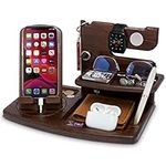 TESLYAR Gifts for Men Wood Rotating Phone Docking Station Compatible with IWatch Fathers Gift Desk Organizer Nightstand Gifts for Dad Birthday Anniversary Xmas Gifts Gift Ideas Key Holder (Brown)