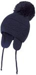 Newborn Baby Winter Earflap Hat Infant Toddler Boys Girls Solid Knitting Pompom Hat Fleece Lining Warm Beanie Hat Navy Blue