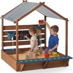 Best Choice Products Sandbox with Canopy, Extra Large Wooden Kids Sand Box with Cover, Water Table & Sink, Chalkboard, Bench Seating w/ 110 lb Capacity, Outdoor Backyard Playset​​ - Blue