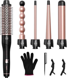 5 in 1 Curling Wand Set, Lopeie Curling Iron with New Upgraded Curling Brush and 4 Interchangeable Ceramic Curling Wand(0.5”-1.25”), Fast Heating, Include Heat Protective Glove & 2 Clips & Hair Brush