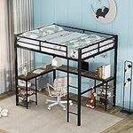 DNYN Full Size High Loft Bed with Desk & Six Storage Shelves,Sturdy Metal Bedframe w/Ladder & Safety Guardrails,Super Save Space & No Box Spring Needed,Perfect for Dorm,Bedroom,Guest Room, Black