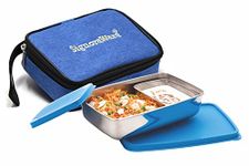 SignoraWare 150ml+550ml Small Compact Stainless Steel Lunch Box with Bag, Food Grade BPA Free Plastic, 2 Compartment Tiffin with Airtight Lids, Compact and Sleek Containers for Office School (Blue)