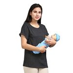 Sillyboom Premium Cotton Solid Women's Pregnancy Maternity Feeding T-Shirt, Nursing Top Tee Round Neck Half Sleeves T-Shirt for Pregnant Women (Charcoal Melange, M)