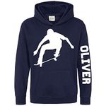 Custom Name Skateboard Kids Hoodie, Personalised Text Gifts For Boys and Girls, Unique and Cool Birthday Christmas Skater Hoody, Hooded Skating Kickflip Jumper Gift, 12-13 Years, Navy