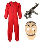 Adults Bank Robber Halloween Costume - Small - Red Jump Suit, Mask and Inflatable Machine Gun - Adults Halloween Fancy Dress Costume