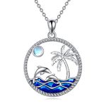 CRMAD Beach Necklace Sterling Silver Palm Tree/Moonstone/Larimar/Turtle Ocean Wave Pendant for Women (Dolphin 2)