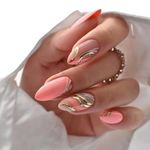 JUSTOTRY 24 Pcs Gold Swirl Almond Short False Nails Pattern,Peach Pink Stiletto Press on Nails,Glossy Fake Nails Medium for Nails Art,French Oval Stick on Nails for Women and Teens Gifts