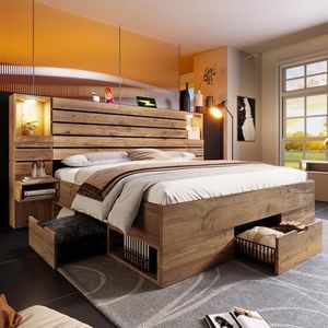Kebnor Holzbett Doppelbett 180x200 cm mit LED-Downlights und USB Type-C, beleuchtete Nische, schwebende Nachttische, Unterbett-Stauraum mit Schubladen, Eichenoptik, ohne Matratze (180×200cm(Typ 3))