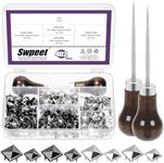 Swpeet 402Pcs Square Rivets Assortment Kit with 2Pcs Straight Tipped Awls, Spots Studs Square Rivets Metal Pyramid Ideal for Bag Leather Clothing Shoes Rivet Handicraft DIY Punk