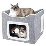 Cat Beds Cat House for Indoor Cats with Scratch Pad, Cat Cave for Pet Small Dog with Fluffy Ball Hanging, Foldable Cat Hidewawy, 15.5x15.5x12.6 inch