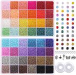 QUEFE 44000pcs 2mm 12/0 Glass Seed Beads for Bracelet Making Kit, 48 Colors Small Beads, Craft Beads Kit for Jewelry Making, with 2 Storage Boxes, Charms, Jump Rings and Clear Elastic String Cord