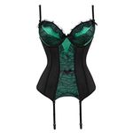 Josamogre Corsets Bustiers Padded Cups Stretch Lace Corsets Bustiers Thong Jacket Bow Removable Straps Garters Green XL