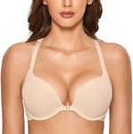 Dobreva Women's Front Close Bra Underwired T-shirt Padded Push Up Bra Plunge Beige 32AA