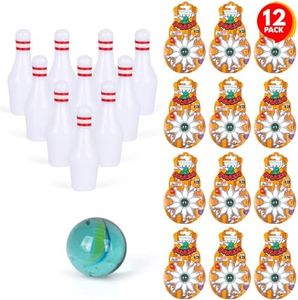 ArtCreativity Mini Bowling Game, Set of 12, Each Set Includes 10 Miniature Pins and 1 Marble Bowling Ball, Tabletop Bowling Sets for Kids and Adults, Party Favors, Goodie Bag Fillers, and Small Prizes