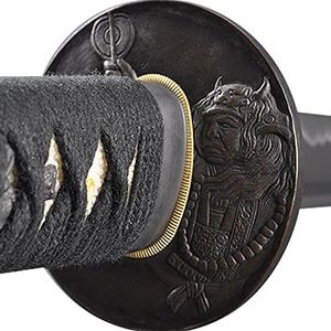 HMS Japanese Samurai Katana - Hand Forged 1045 Carbon Steel Full Tang Blade, Functional Sword with Warrior and Character Tsuba for Martial Arts & Display