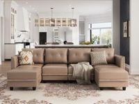 LLappuil Modular Sectional Sofa with Double Chaise, Faux Leather Fabric Convertible 112 Inch U Shaped Sectional with Ottomans, 6 Seater Reversible Modular Couch with Storage, Cognac