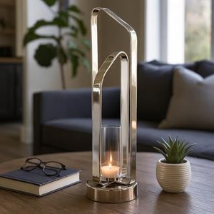 Decorative Metal and Glass Candle Holder Hurricane - Stylish Home Decor Accent for Pillar Candlestick Holder or Table Centerpiece - Sculptural Candle Stand Holder for Living Room Decor - 21", Silver