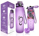 Live Infinitely 34 oz Gym Water Bottle with Time Marker - Fruit Infuser Screen BPA Free 1 Liter Water Bottle - Locking Flip Top Lid & Durable Travel Bottle Coating (Purple 34oz)