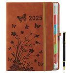 HwxBen A5 Diary 2025 - Day per Page, January to December,5.9" × 8.5" Full-Year Daily Planner with Colorful Monthly Tabs and Exquisite Floral Design with Pen,Brown.