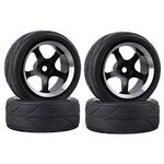 LAFEINA 1:10 RC On-Road Racing Car Rubber Tires & Alloy Aluminum Wheels Rims for 1/10 Scale On Road Cars HSP HPI (Black)