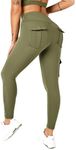 KUACUA High Waist Yoga Pants with 4 Pockets, Tummy Control, Workout Pants for Women 4 Way Stretch Yoga Leggings, Armygreen, Large