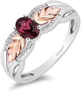Jewelili Enchanted Disney Fine Jewelry Sterling Silver and 10K Rose Gold 6x4 MM Oval Shape Rhodolite Garnet and Natural White Round Diamond Accents Anna Wheat Ring, Size 6