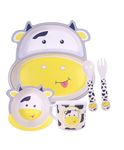 TOYSM Bamboo Baby Tableware Set, Eco Friendly Bamboo Fiber Dinner Set for Weaning Toddlers/Kids, Set of Plate Bowl Cup Fork and Spoon/Baby Feeding Utensils for Kids and Toddlers (Cow) - Multicolor