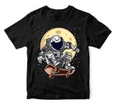 WALLABY KIDS Boys & Girls The Skateboarding Astronaut Space Theme 100% Cotton Unisex Kids T-Shirt (Black; 9-10 Years)