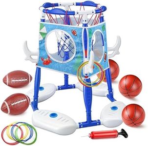 LPFG Pool Basketball Hoop 3-in-1 Basketball Football Ring Toss Games Pool Toys with 5 Balls, Floating Basketball Hoop for Pool for Kids & Adults Indoor Outdoor