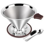 FACIACC Pour Over Coffee Dripper, Professional Stainless Steel Coffee Filter, Paperless and Reusable, Upgraded Double Micro Mesh Filter with Spoon and Silicone Tray, Cleaning Brush (3-4 Cup)