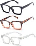 Retro Style Square Reading Glass Big Eyeglass Frames Large lens 50mm (3 PACK （Black&Leopard&Transparent), 2.00)