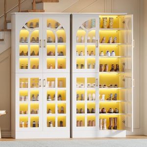 Tribesigns 69" Tall Shoe Cabinet with Doors and Led Light, 8-Tier Wooden Shoe Rack Organizer with Adjustable Shelves, Narrow Shoe Storage Cabinet for Entryway, Hallway, Living Room, White, 2PC