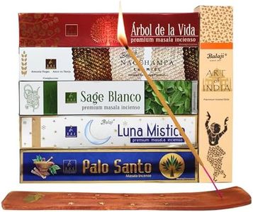 Genérico Incienso Balaji, Premium 6 Cajitas de 15 Gramos Cada una: Palo Santo, Salvia Blanca, Arbol de La Vida, Luna Mistica, Arte de India, Nag Champa, Quemador Incienso. Vida