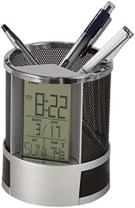 Howard Miller Desk Mate Table Clock 645-759 – Silver Finished, LCD Display Screen, Black Mesh Pencil Cup & Side Storage Compartments, Quartz, Alarm Movement