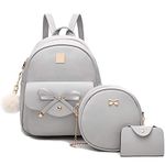 Girls Bowknot 3-Pieces Fahsion Leather Backpack Backpack Purse for Women Rucksack for Ladies Shoulder Bag (Grey)