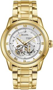 Bulova Men's Classic Sutton 4-Hand Automatic Watch, 24-Hour Sub Dial, Open Aperture, Self-Winding, Exhibition Caseback, Double Curved Mineral Crystal, Luminous Hands, 42mm, Gold Tone/ Silver White Dial, Classic Automatic Gold-Tone Stainless Steel Gold-Tone Stainless Steel Bracelet