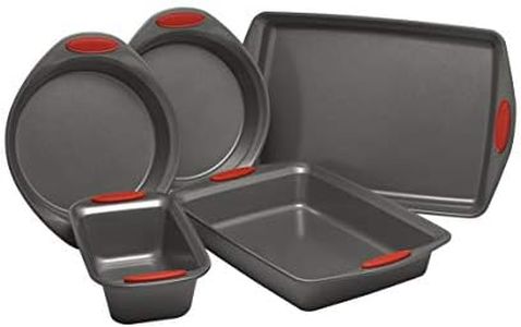 Rachael Ray Nonstick Bakeware with Grips Includes Nonstick Bread Pan, Baking Pan, Cake Pans and Cookie Sheet/Baking Sheet - 5 Piece, Gray with Red Grips