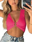 AEVZIV Sexy Crop Tops for Women Sleeveless Deep V Neck Workout Tops Plunge Ring Cleavage Cropped Tank Top, Rose, Medium