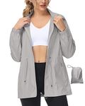 LVCBL Women Zipper Rain Jacket Lightweight Windbreaker Long Sleeve Foldable Raincoat Gray XL