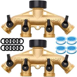 2 Pack Hose Splitter, 4 Way Heavy Duty Brass Garden Hose Splitter, for 3/4" Hose Connector, Brass Garden Hose Manifold with Rubber Washers & Tapes(2 pack 4 way)