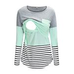 AMhomely UK Stock Clearance Maternity Round Neck Stripe Patchwork Long Sleeve Breast Feeding Pregnant Woman Nursing Blouse Tops T-Shirt, Gray 1, M