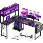 AODK - L-shaped gaming desk with LED light and power outlet, 53 inch reversible L-shaped computer table with shelf and storage bag and hook for office in