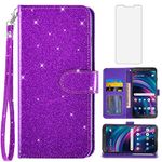 Asuwish Phone Case for Tracfone BLU View 3 B140DL with Tempered Glass Screen Protector and Glitter Wallet Cover Flip Card Holder Slot Stand Purse Cell Accessories Blue View3 140DL Women Men Purple