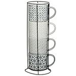 HomeDecor4u- New Geo Set of 4 Jumbo Embossed Stacking Tea Coffee Mugs Grey with Metal Stand